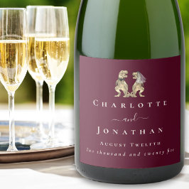 Grappige Dinosaurus Bruiloft Burgundy & Crème Op M Sparkling Wijnetiket