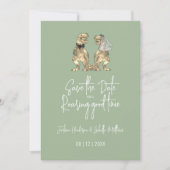 Grappige dinosaurus bruiloft salie groen save the date (Voorkant)