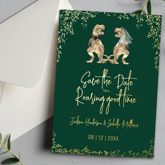 Grappige Dinosaurus Bruiloft Save the Date Goud Folie Uitnodiging