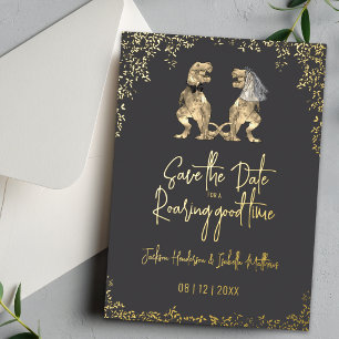 Grappige dinosaurus bruiloft save the date grijs g folie uitnodiging
