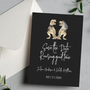 Grappige dinosaurus bruiloft zwart en wit save the date