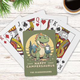 Grappige dinosaurus buiten kamperen aangepaste fam pokerkaarten