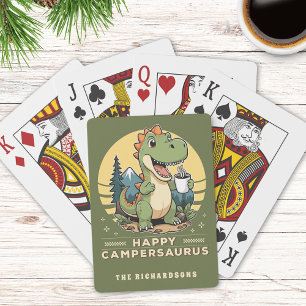 Grappige dinosaurus buiten kamperen aangepaste fam pokerkaarten