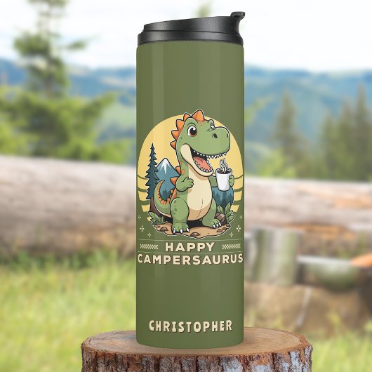 Grappige dinosaurus buiten monogram camping thermosbeker