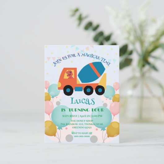 Grappige dinosaurus cementwagen Verjaardagsfeestje Briefkaart (Staand voorkant)