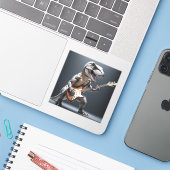 Grappige dinosaurus die gitaar speelt kunst sticker (Laptop met iPhone)