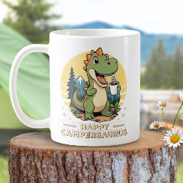 Grappige dinosaurus Drink koffie buiten kamperen Koffiemok