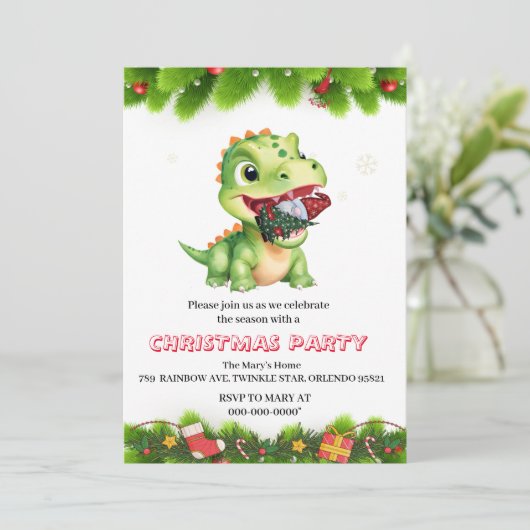 Grappige dinosaurus eet kabouter kerstboom feest c kaart (Staand voorkant)