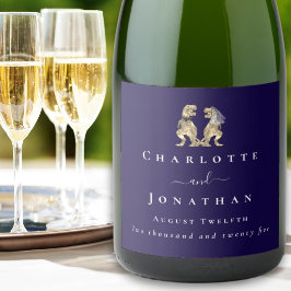 Grappige Dinosaurus Huwelijk Marine Blauw & Wit Cu Sparkling Wijnetiket