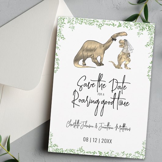 Grappige dinosaurus-huwelijksdatum groen Save The Date
