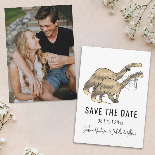 Grappige dinosaurus-huwelijksfoto save the date