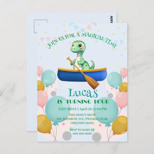 Grappige dinosaurus Kajak Verjaardagsfeestje DIY N Briefkaart (Voorkant / Achterkant)