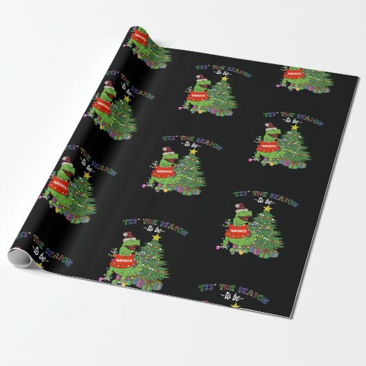 Grappige Dinosaurus Kerstmis Het Is Het Seizoen St Cadeaupapier (Uitgerold)