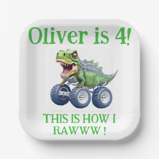 Grappige dinosaurus monster truck papieren bordje (Voorkant)