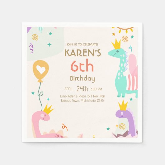 Grappige Dinosaurus Prinses Verjaardag Servet (Voorkant)