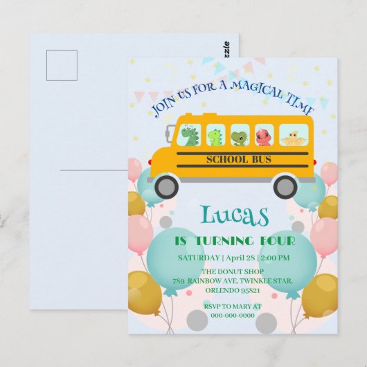 Grappige dinosaurus school Bus Verjaardagsfeest DI Briefkaart (Voorkant / Achterkant)