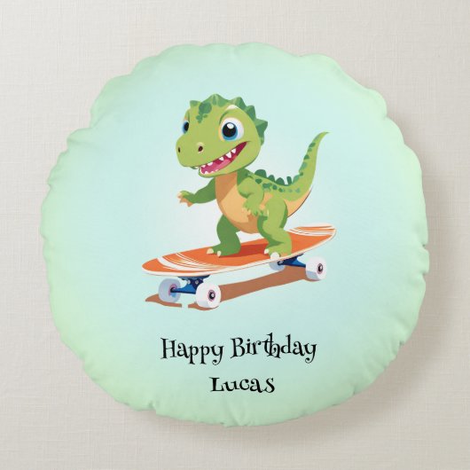 Grappige dinosaurus Skateboard Verjaardagsfeestje Rond Kussen (Voorkant)