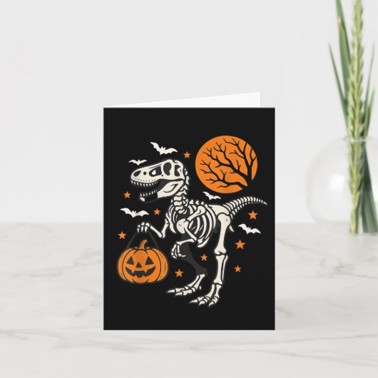 Grappige dinosaurus skelet Halloween pompoen truc Kaart (Voorkant)