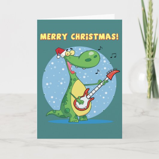 Grappige dinosaurus speelt gitaar met kerst feestdagen kaart (Voorkant)