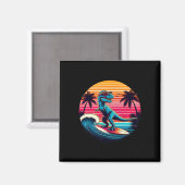 Grappige dinosaurus surft retro zonsondergang mann magneet (Voorkant / Achterkant)
