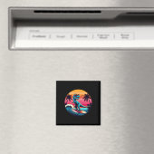 Grappige dinosaurus surft retro zonsondergang mann magneet (Insitu (Vaatwasser))