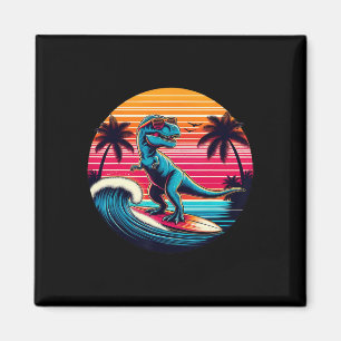 Grappige dinosaurus surft retro zonsondergang mann magneet