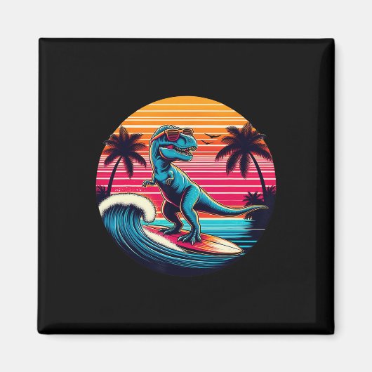 Grappige dinosaurus surft retro zonsondergang mann magneet (Voorkant)