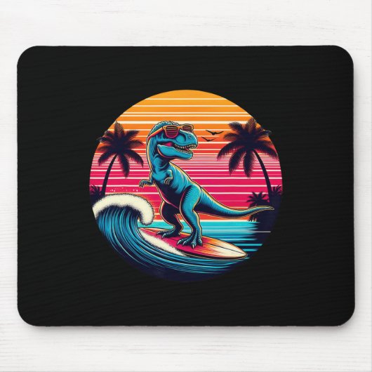 Grappige dinosaurus surft retro zonsondergang mann muismat (Voorkant)