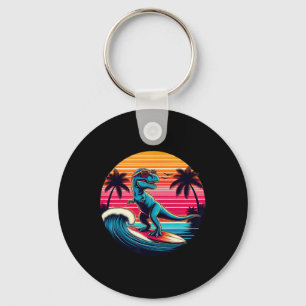 Grappige dinosaurus surft retro zonsondergang mann sleutelhanger