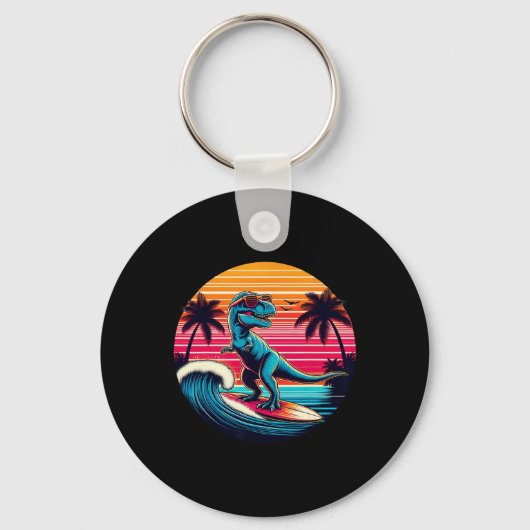 Grappige dinosaurus surft retro zonsondergang mann sleutelhanger (Voorkant)