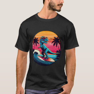Grappige dinosaurus surft retro zonsondergang mann t-shirt