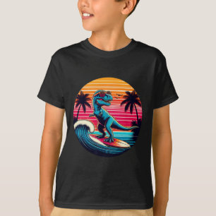 Grappige dinosaurus surft retro zonsondergang mann t-shirt