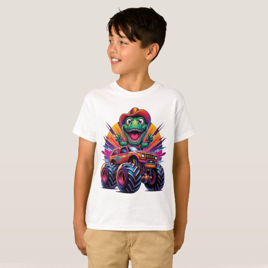 Grappige Dinosaurus T Rex op Monster Truck T-shirt (Voorkant volledig)