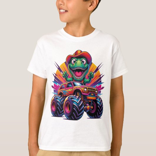 Grappige Dinosaurus T Rex op Monster Truck T-shirt (Voorkant)