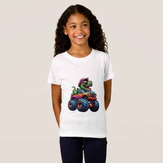 Grappige dinosaurus T Rex op monstertruck T-shirt (Voorkant volledig)