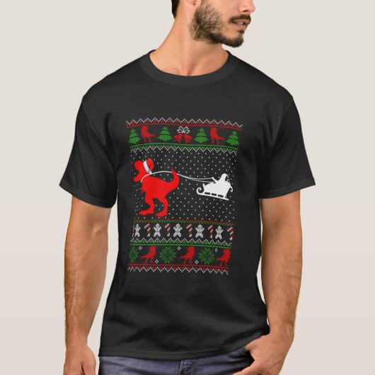 Grappige dinosaurus T Rex Santa Sleigh Ugly Christ T-shirt (Voorkant)
