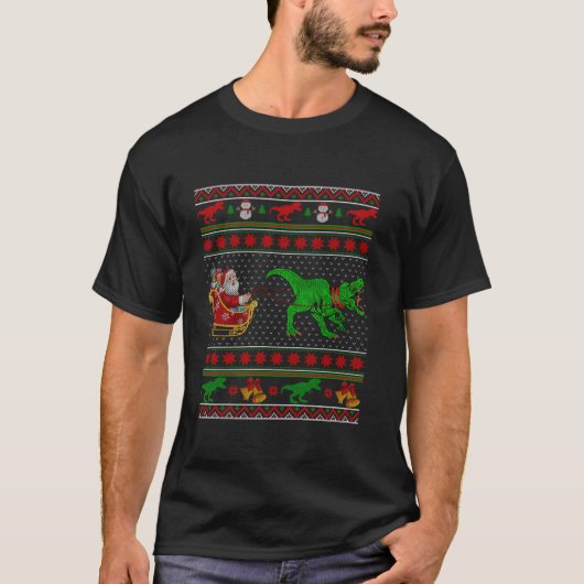 Grappige dinosaurus T Rex Santa Sleigh Ugly Christ T-shirt (Voorkant)