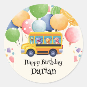 Grappige dinosaurus Terug naar school Bus Ballon V Ronde Sticker