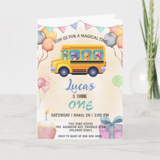 Grappige dinosaurus terug naar school bus jongen v (Voorkant)