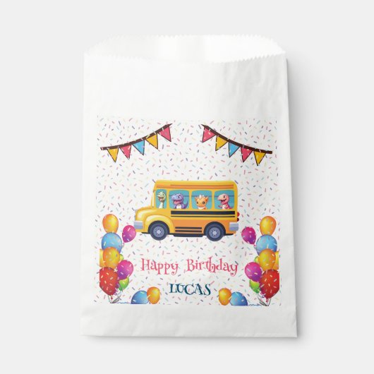 Grappige dinosaurus terug naar school bus jongen v bedankzakje (Voorkant)