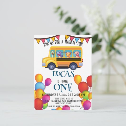 Grappige dinosaurus terug naar school bus jongen v briefkaart (Staand voorkant)