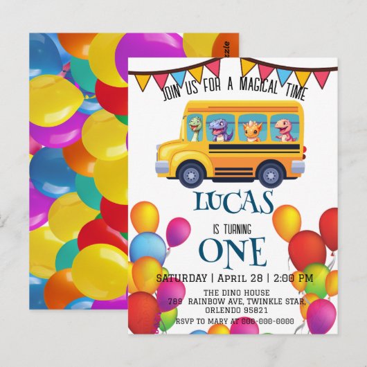 Grappige dinosaurus terug naar school bus jongen v briefkaart (Voorkant / Achterkant)