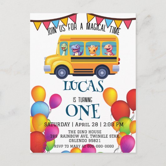 Grappige dinosaurus terug naar school bus jongen v briefkaart (Voorkant)