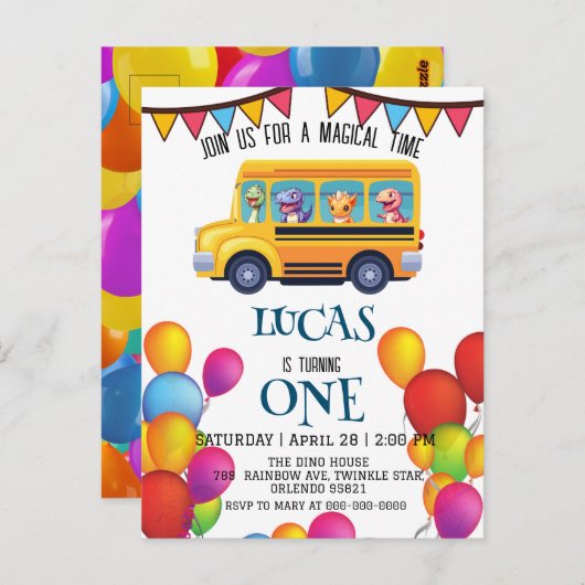 Grappige dinosaurus Terug naar school Bus jongen V Briefkaart (Voorkant / Achterkant)