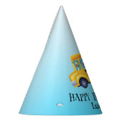 Grappige dinosaurus terug naar school bus jongen v feesthoedjes (Links)