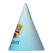 Grappige dinosaurus terug naar school bus jongen v feesthoedjes (Rechts)