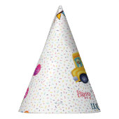 Grappige dinosaurus terug naar school bus jongen v feesthoedjes (Links)