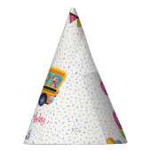 Grappige dinosaurus terug naar school bus jongen v feesthoedjes (Rechts)