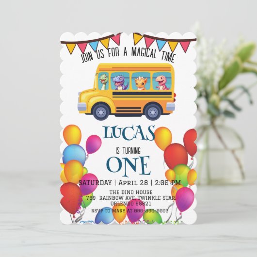 Grappige dinosaurus Terug naar school Bus jongen V Kaart (Staand voorkant)