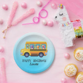 Grappige dinosaurus terug naar school bus jongen v papieren bordje (Feest)